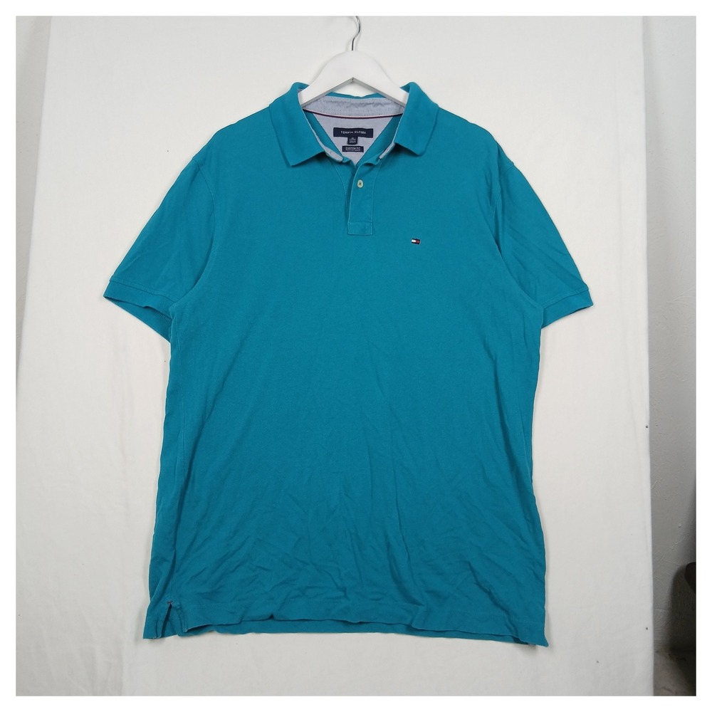 Tommy Hilfiger Mens Custom Fit Short Sleeve Polo Shirt Teal Blue XL Pique Logo